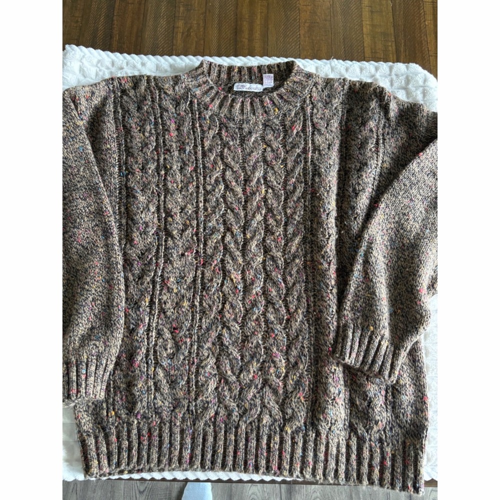 Vintage Lady Van Heusen CL Brown Speckled Cable Knit Wool Blend Pullover Sweater